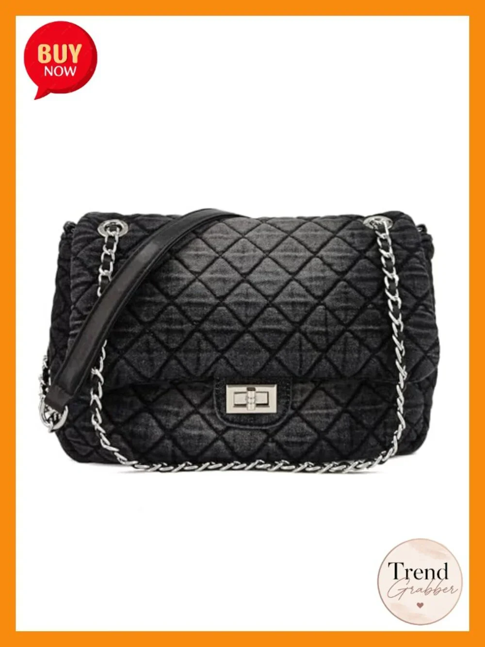 Quilted Washed Denim Hobo Bag Double Chain Strap with Padded Shoulder Turn-Lock